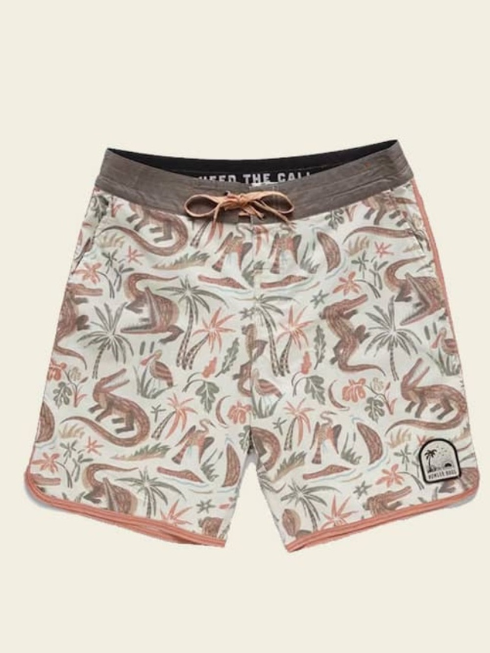 Howler Brothers Stretch Bruja Board shorts swim trunks. Lazy Gators: Egrets. 34